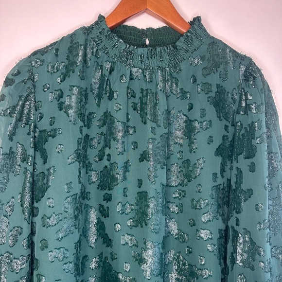 Mello Day Green Sheer Metallic Burnout Blouse Ruffle Mock Neck Long Sleeve Top - Picture 2 of 11